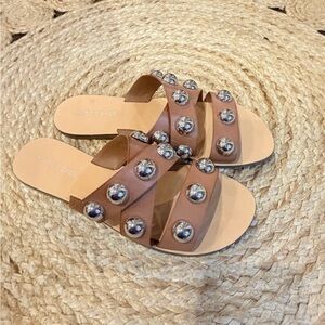 Marc Fisher Tan Slide Sandals with Silver Studs